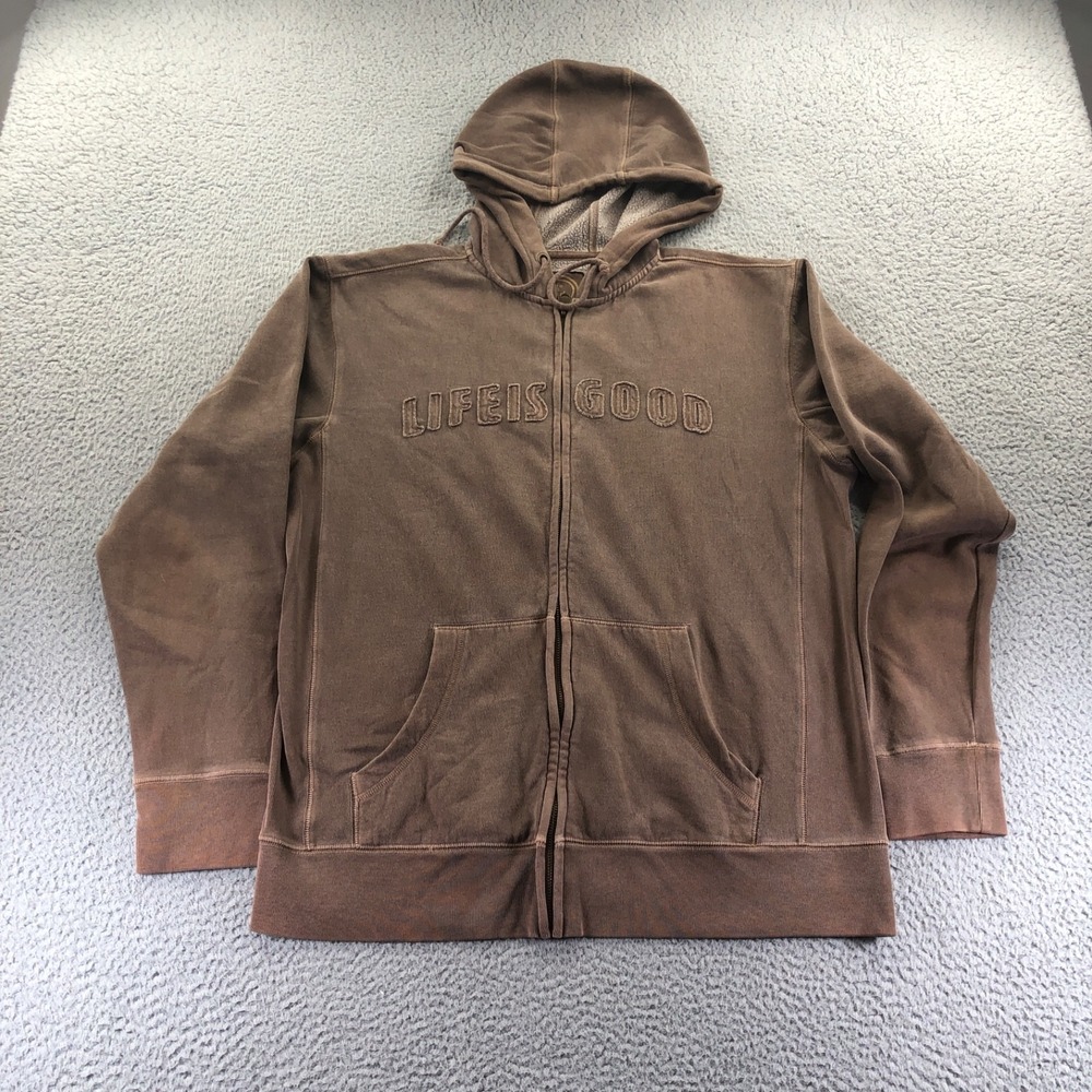 Life Is Good Hoodie Mens Medium Brown Embroidered Logo Fleece Faded Full Zip